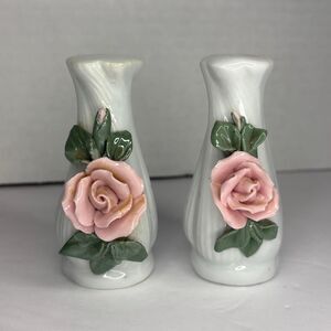 Vintage White Porcelain Raised Pink Rose Green Leaves  Salt and Pepper Shakers